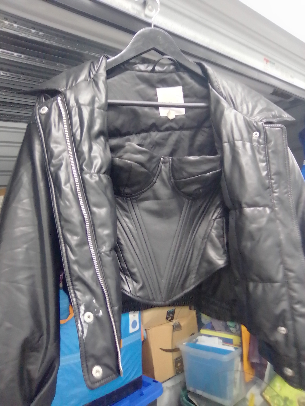 Black Women's Faux Leather Puffer Jacket with Corset Detail